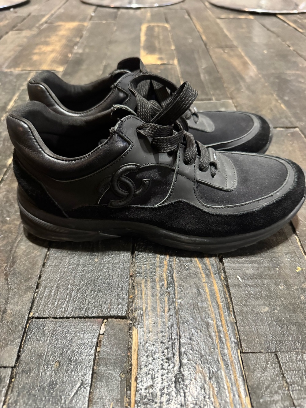 CHANEL Men's Black Leather & Suede Sneakers with CC Logo